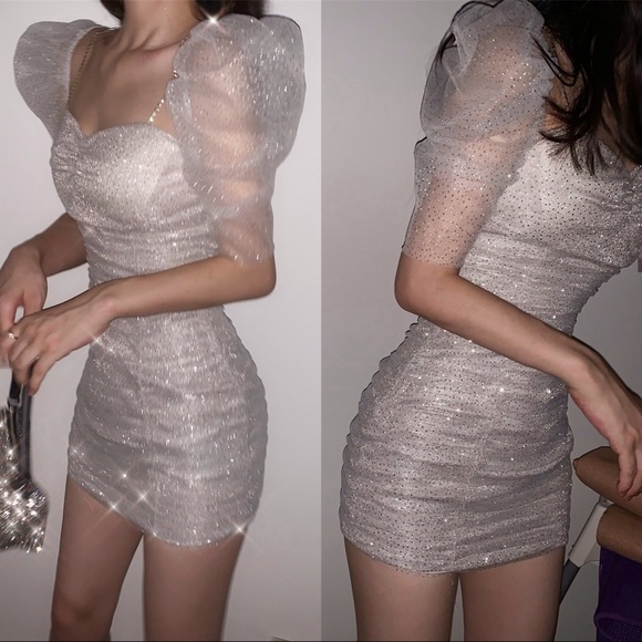 SHIMMERY PUFF SLEEVE MESH BODYCON MINI DRESS - Picture 6 of 6